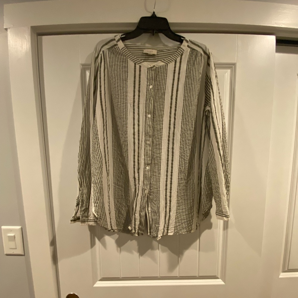 Olive green and white stripped seersucker blouse